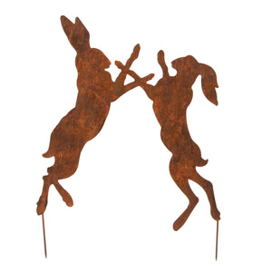 Boxing Hares Rusted Metal Garden Art