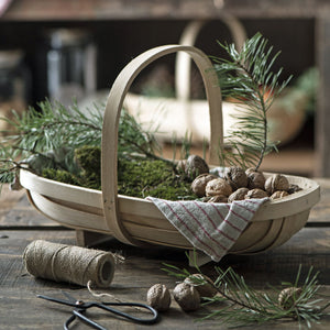Small wooden garden trug filled with produce