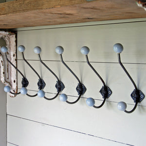 Set of six classic vintage cast duck egg blue rosette double coat wall hooks