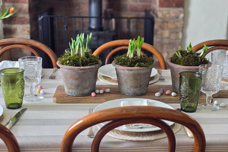 A table set for Easter with striped tablecloth and potted daffodils.