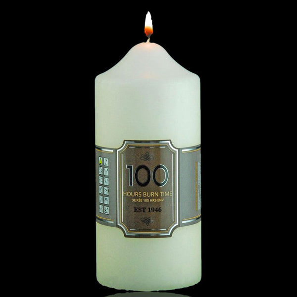 Lit 100 hour burn time ivory pillar church candle