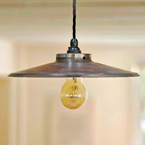 290 mm antique copper pendant shade wired with an antique style bulb holder and fabric covered flex