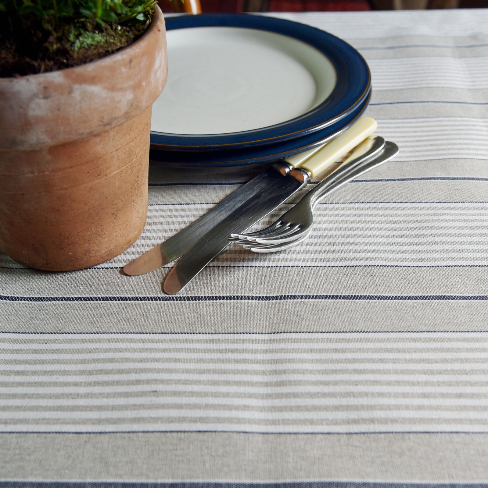 French Blue Harbour Ticking Stripe Linen Oilcloth