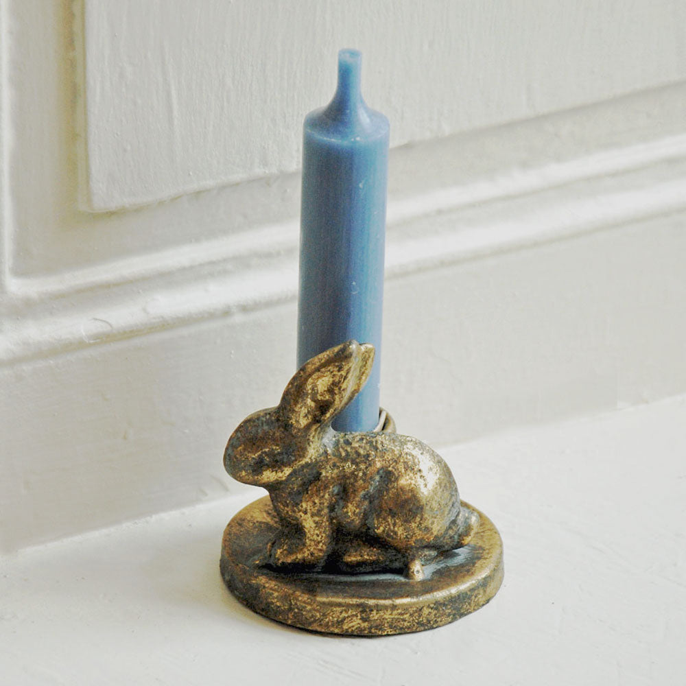 Brass bunny candle holder with blue dinner candle