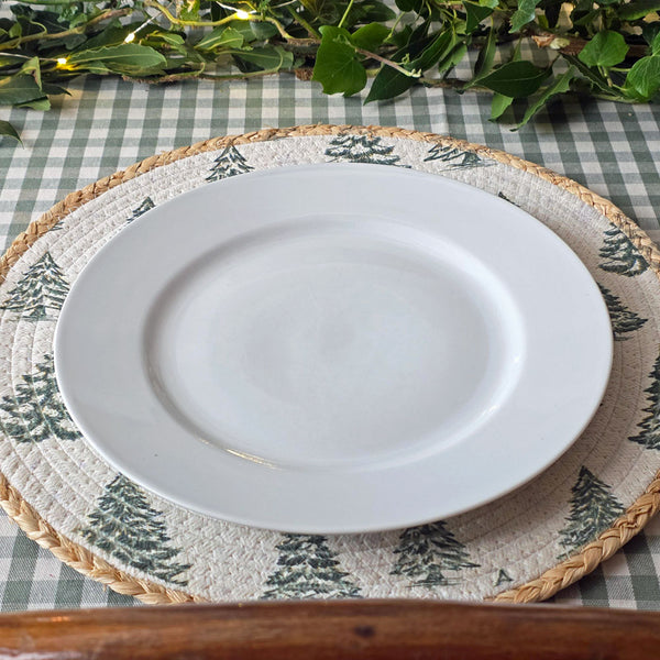 A white ceramic dinner plate layered on a round woven placemat with a green pine tree pattern, set on a green and white checkered tablecloth with green foliage garland in the background.