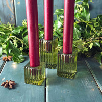 Three green candle holders with pink candles on a reflective surface with greenery in the background.