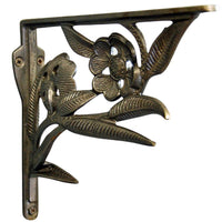 Decorative metal shelf bracket with floral design on a white background