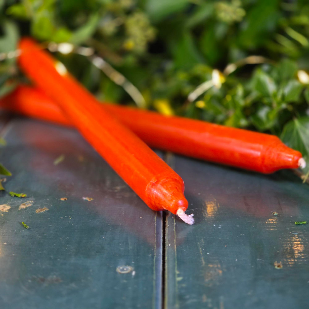 Dark orange coloured Danish dinner candles surrounded by foliage.