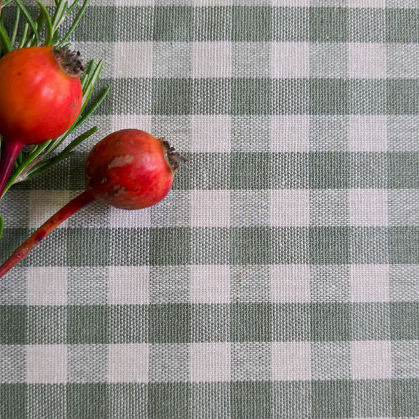 Green gingham tablecloth with rose hip berries