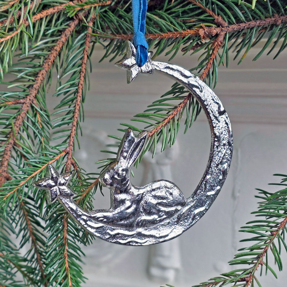 Hare and crescent moon Christmas tree decoration made from aluminum with velvet ribbon hanger.