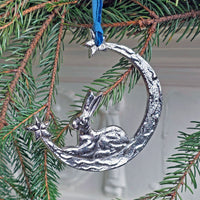 Hare and crescent moon Christmas tree decoration made from aluminum with velvet ribbon hanger.