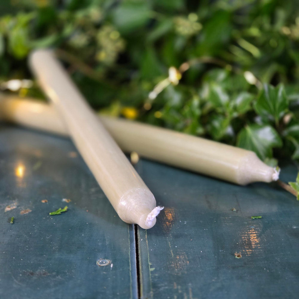 Khaki green handmade Danish dinner candles next to foliage.