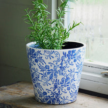 Blue Barnsley ceramic indoor plant pot planted with rosemary