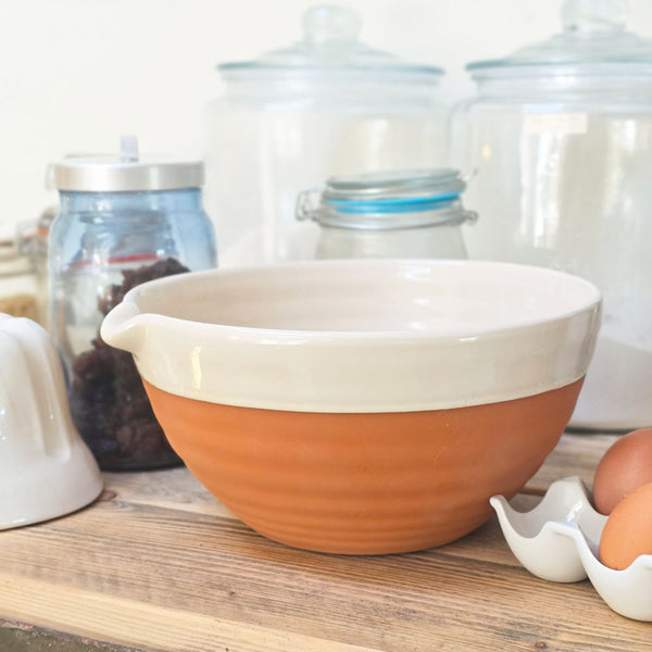 Large stoneware mixing bowl next to storage jars and eggs on a shelf
