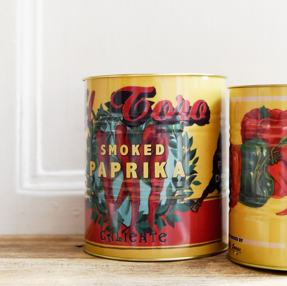 Large retro smoked paprika tin can kitchen storage pot