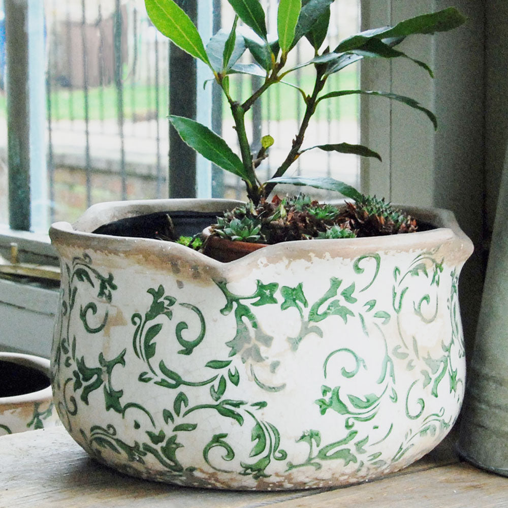 Decorative pot with green floral patterns containing a small plant on a wooden surface.
