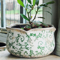 Decorative pot with green floral patterns containing a small plant on a wooden surface.