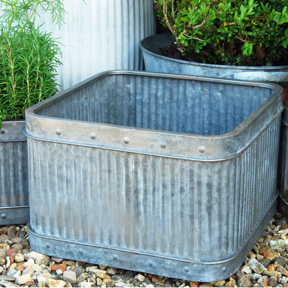 Corrugated metal planter with green plants in a garden setting