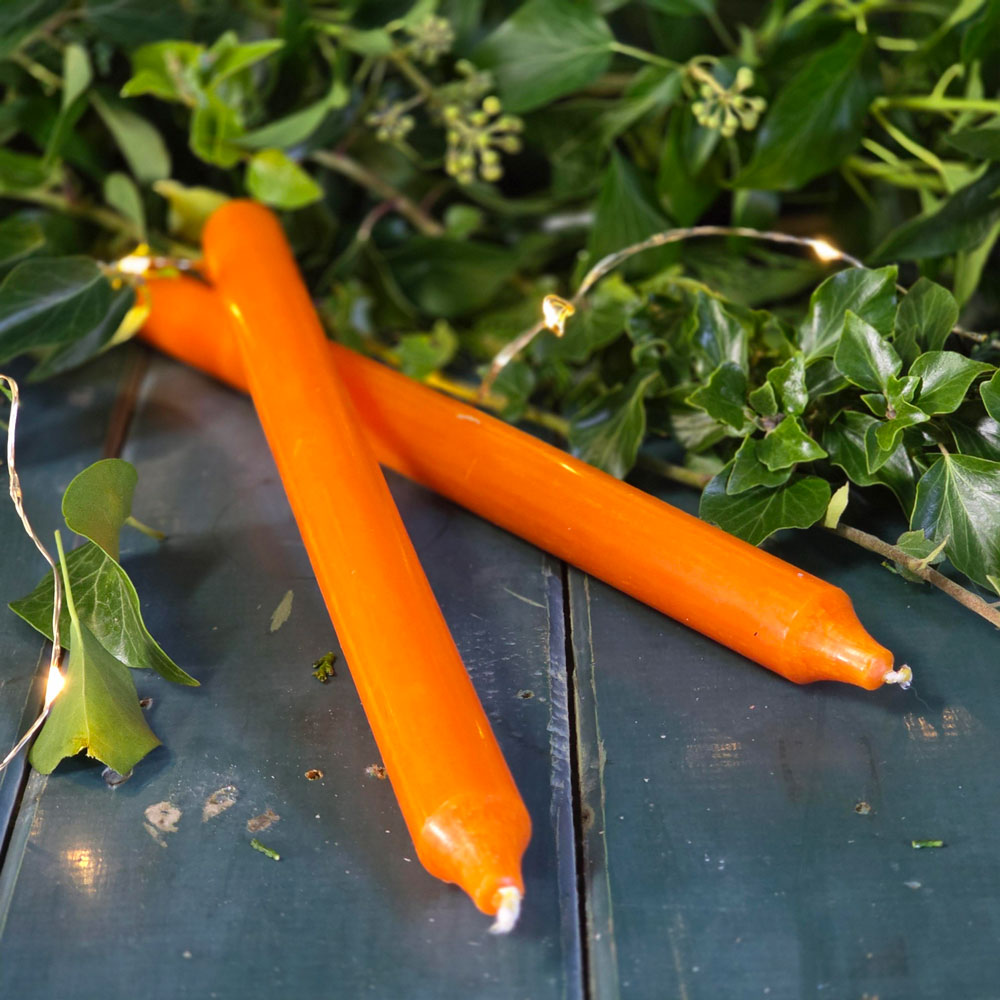 Orange handmade Danish dinner candles next to foliage.