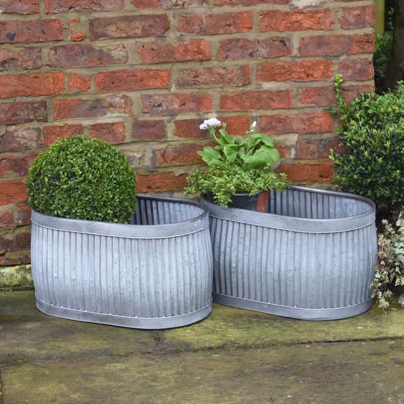 Pair Oval metal trough planters