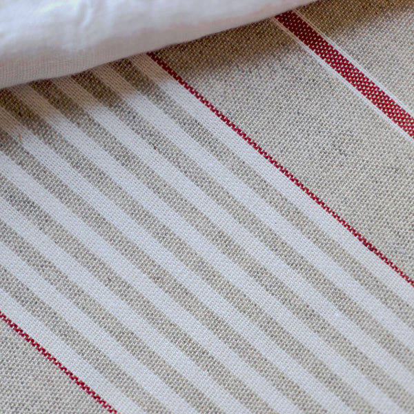 Close up of red striped wipe-clean tablecloth