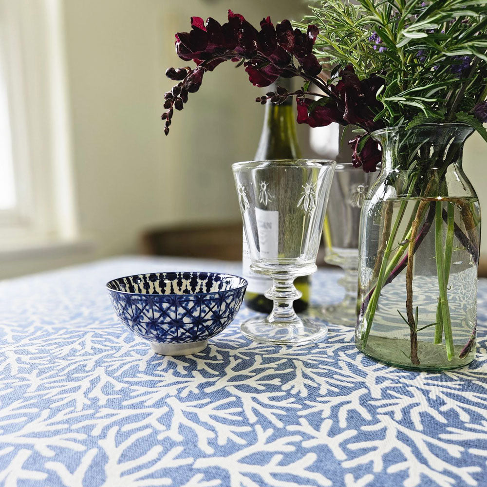 Reef coral oilcloth tablecloth on a kitchen table