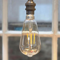 Clear LED light bulb with visible filaments against a blurred background