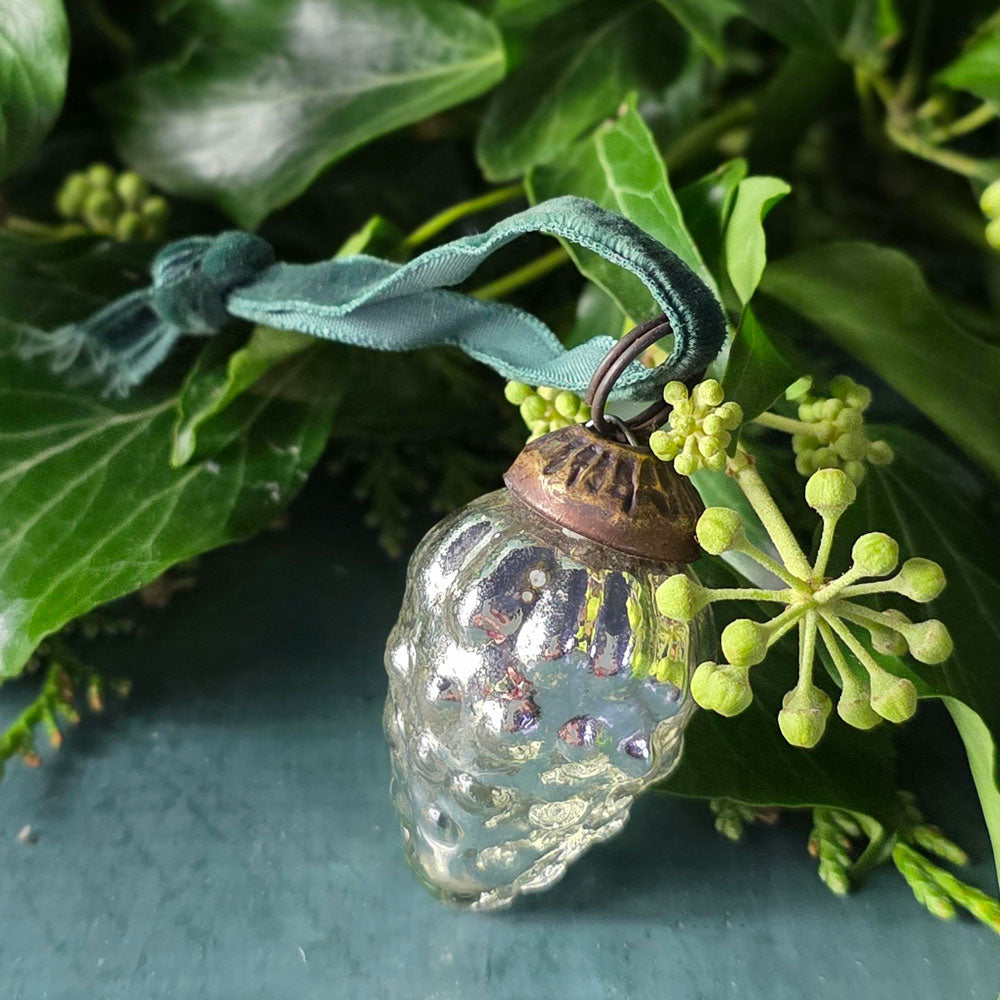 Antique silver glass grapes Christmas bauble with green velvet ribbon next to foliage.