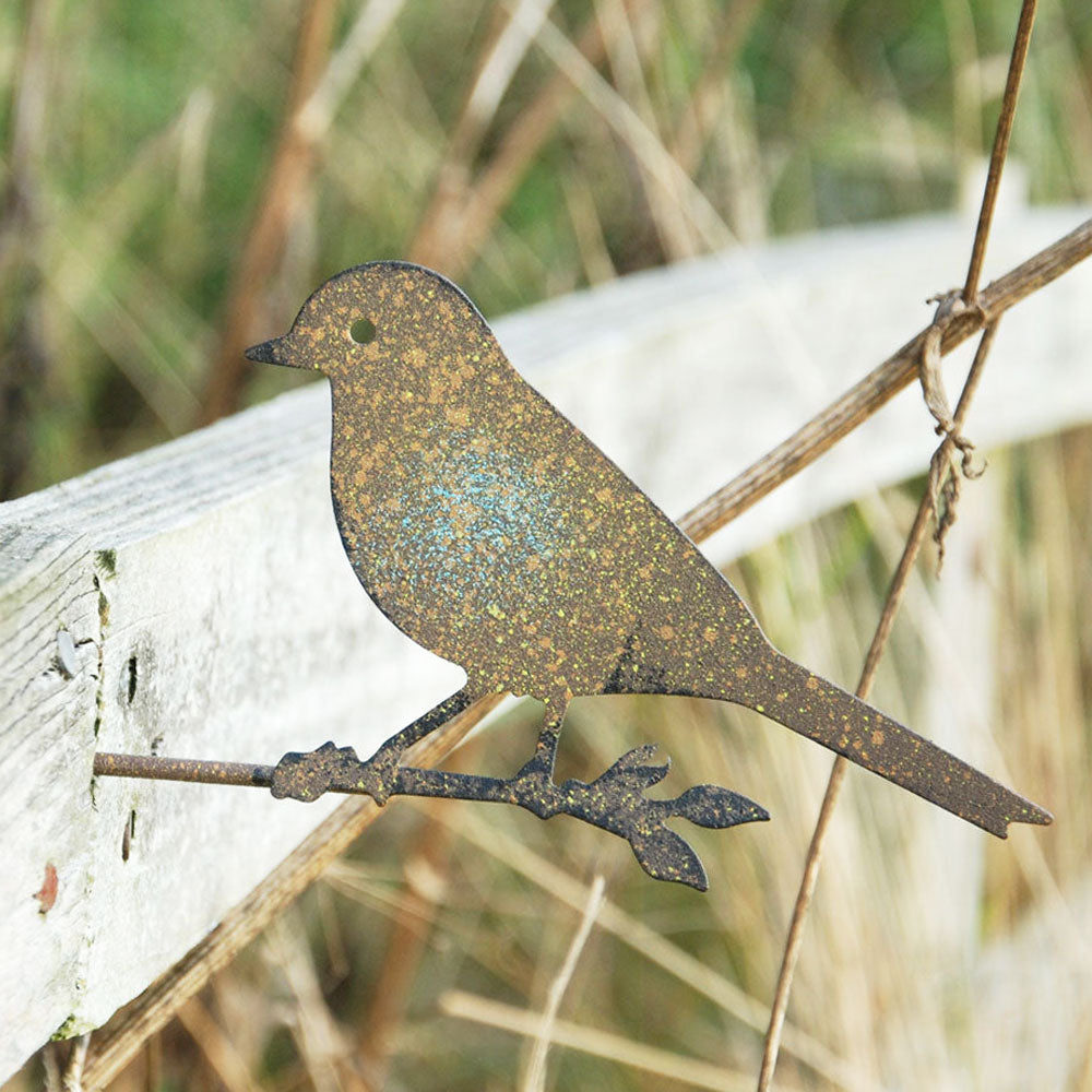 Rusted iron song bird garden art on a garden fence.