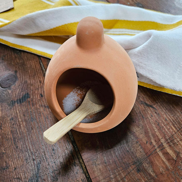 Terracotta salt cellar with wooden spoon on a wooden surface