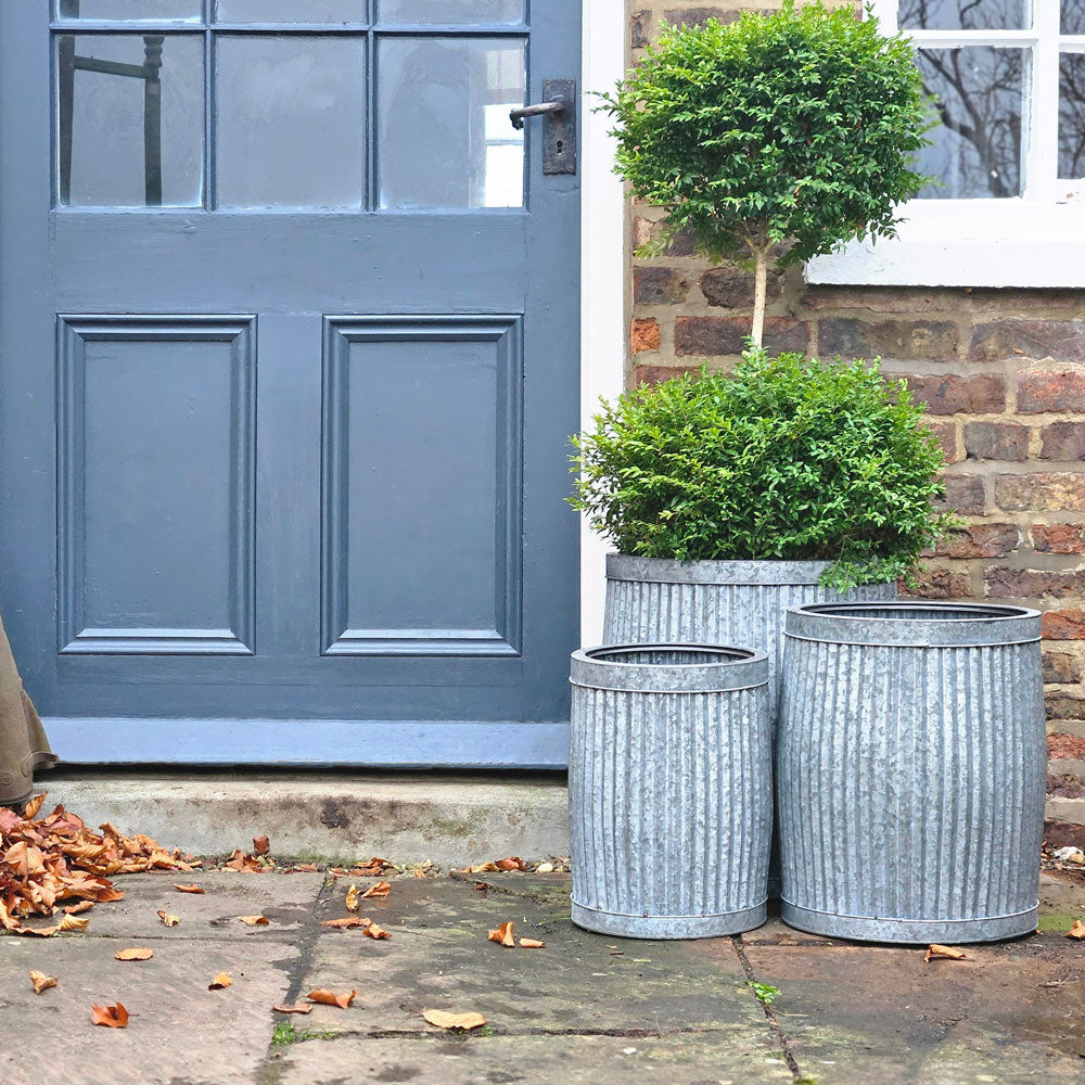 Set of three planters next to a back door