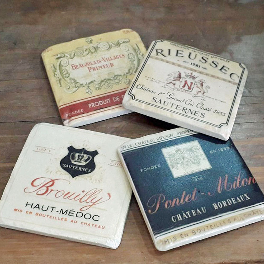 Set of four French wine label coasters