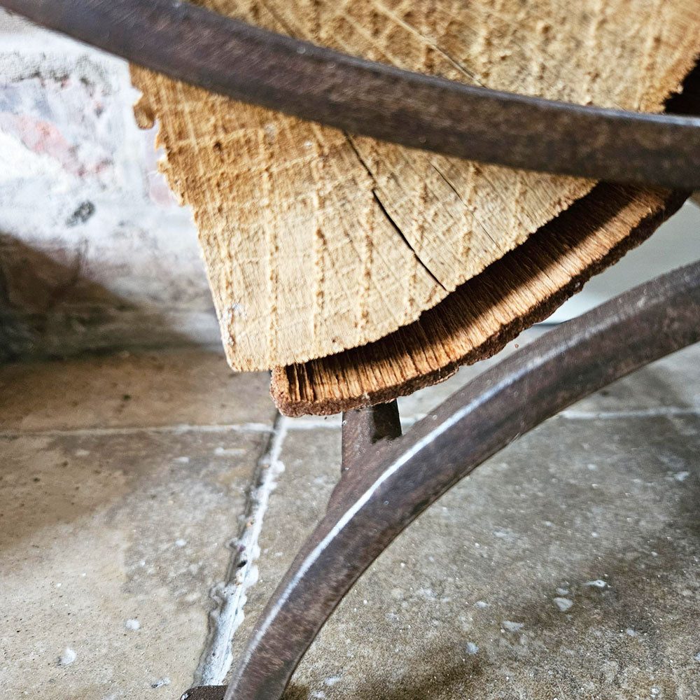 Close up of antique iron finish on log holder.