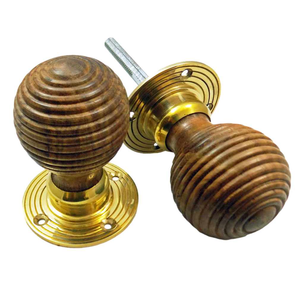 Beehive teak door handle with brass backplate