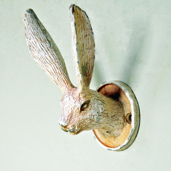 cream cast metal hare head coat hook