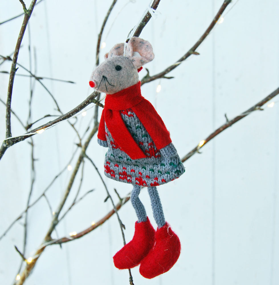 Mouse Christmas tree decoration displayed hanging from Christmas twig tree