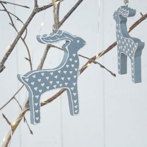 Grey Folk Painted Hanging Reindeer Decoration