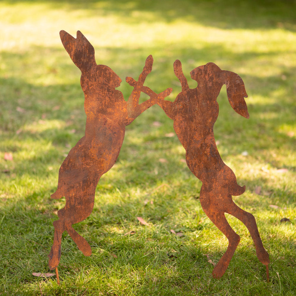 Boxing Hares Rusted Metal Garden Art