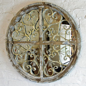 Large round wooden Ainsty mirror with metal fretwork detailing