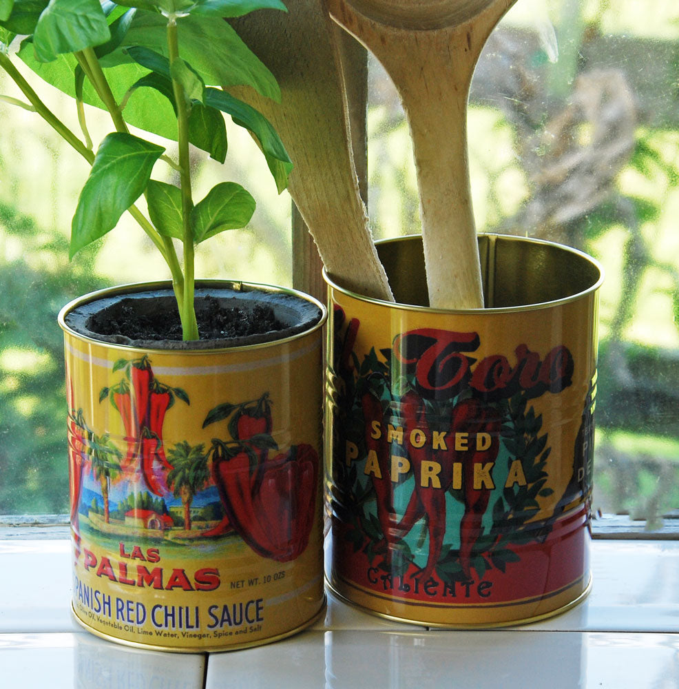 Small retro red chilli sauce tin can kitchen storage pot