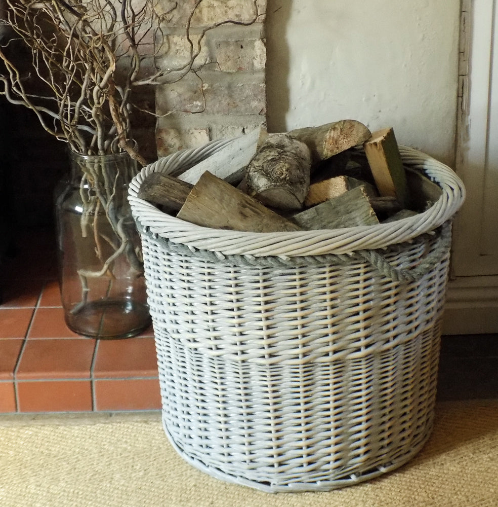 Large round Copenhagen hessian lined log basket with rope handles
