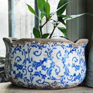 Large blue Hampton ceramic round indoor plant pot