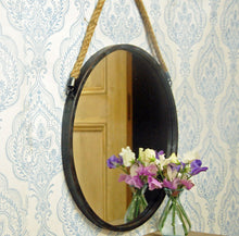 Dark grey vintage design round mirror with rope hanger