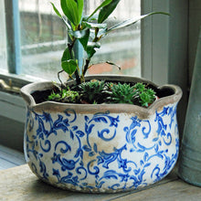 Blue and white Hampton ceramic round scallop edged planter