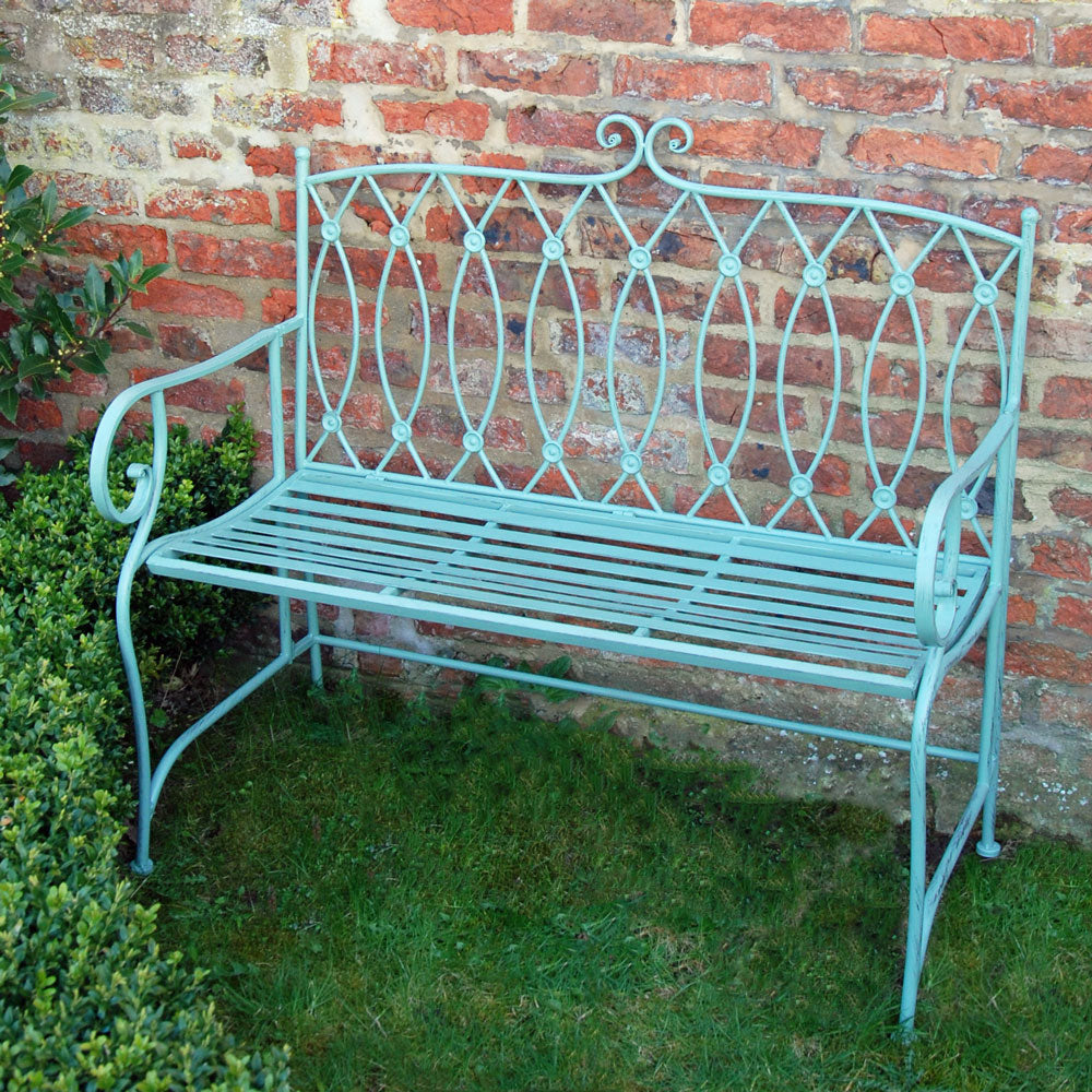 Sea green metal garden bench