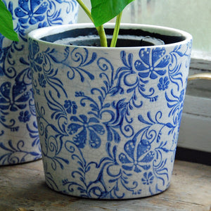 Small Barnsley terracotta cache pot blue flower print