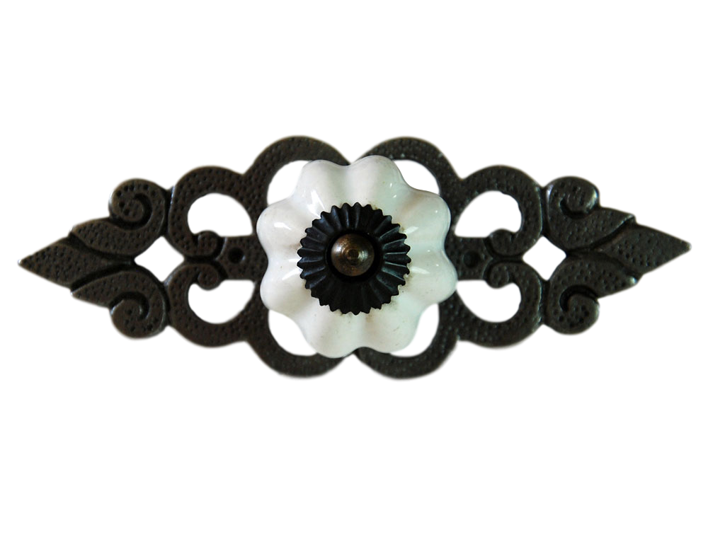 York white porcelain drawer knob with filigree metal back plate