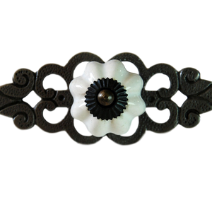 York white porcelain drawer knob with filigree metal back plate